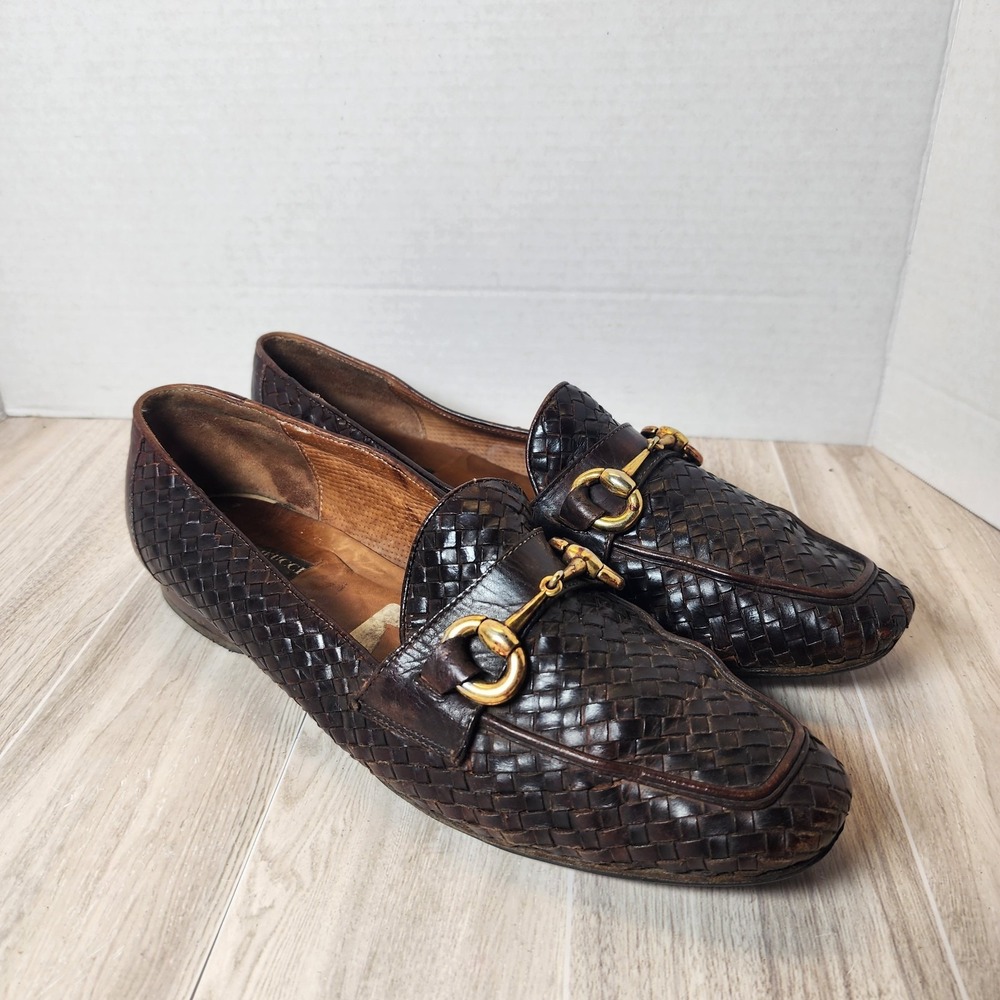Sesto Meucci Women's Brown Woven Leather Loafer Size 11 Flats Gold Buckle